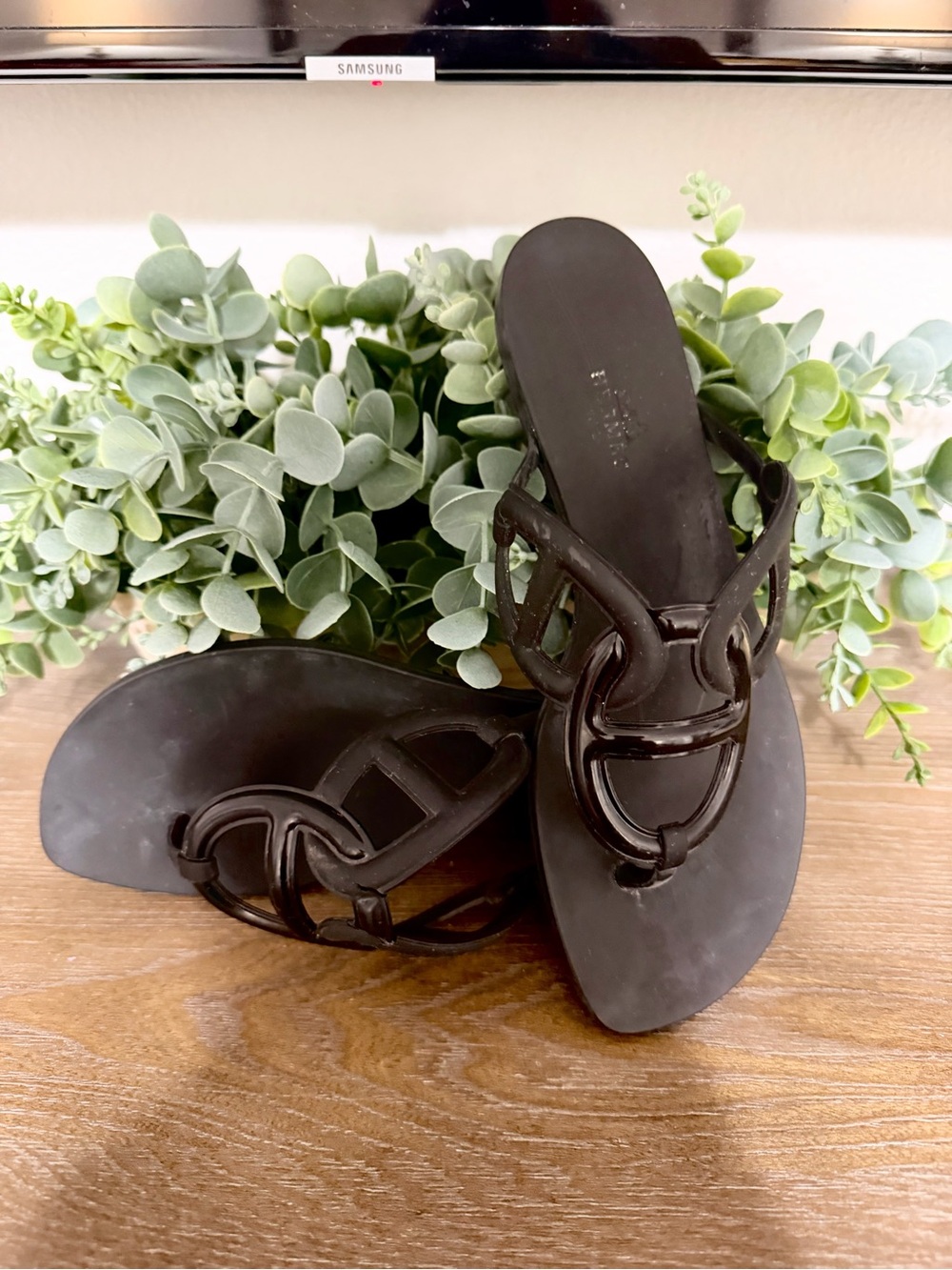 Hermes Black Women's Slide Sandals with Interlocking Strap Detail